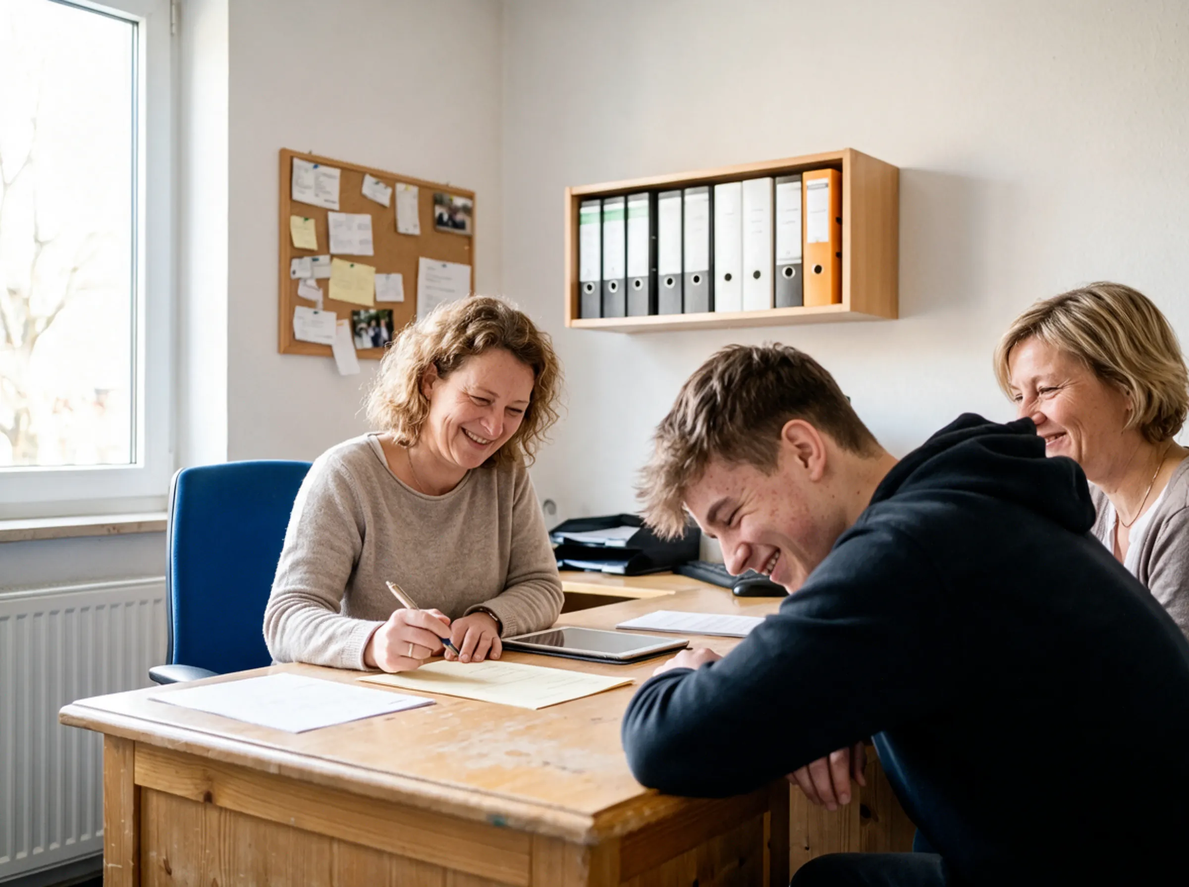 Symbolbild (KI-generiert): Beratungsgespräch in einer Fahrschule – eine Mitarbeiterin erklärt einem Fahrschüler und seiner Mutter die Unterlagen